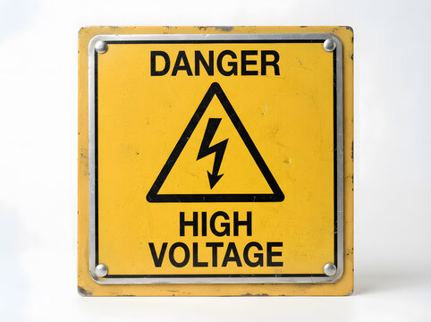 Yellow high voltage danger warning sign with lightning bolt symbol on metal background for safety alerts