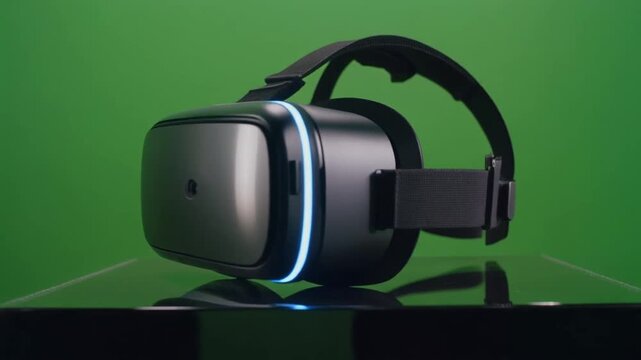 Futuristic virtual reality headset rotating slowly in studio motion footage against a vibrant green screen background