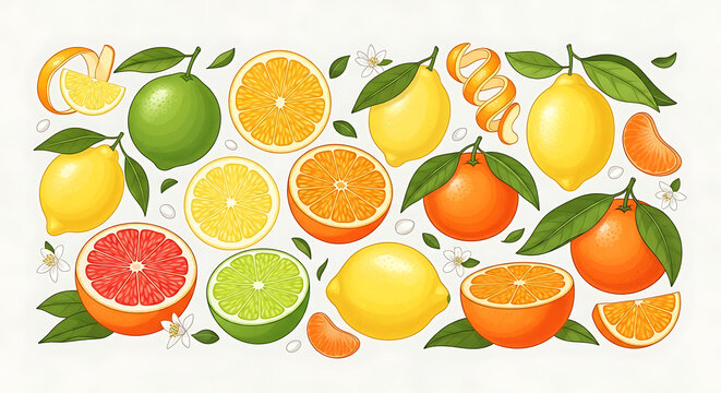 Set of fresh citrus fruits including lemons oranges limes and grapefruit with green leaves and blossoms.