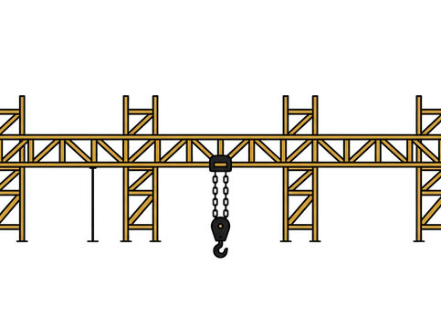 Vektorillustration einer gelben Ger&uuml;stkonstruktion mit einem Laufkran und einem schwarzen Hebehaken an einer Kette vor freigestelltem wei&szlig;em Hintergrund.