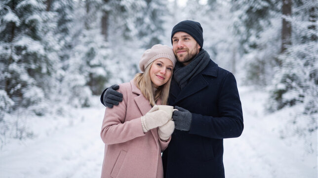 Happy couple in love holding a cup of hot drink while standing in a snowy winter forest