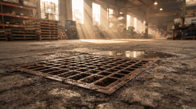 Rusty metal floor drain grate in a dusty industrial warehouse with sunbeams streaming through large windows