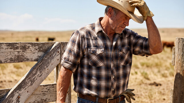 Middleaged rancher wearing a cowboy hat and plaid shirt standing by a wooden fence on a sunny cattle ranch
