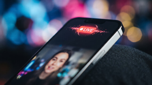 Close up of a smartphone screen showing a live streaming video with a woman, bokeh lights in the background