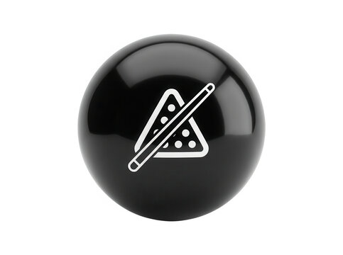 Eine gl&auml;nzende schwarze Kugel mit einem wei&szlig;en Billard-Symbol, das ein Dreieck mit Kugeln und ein Queue zeigt, freigestellt auf wei&szlig;em Hintergrund.