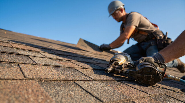 Professional roofer installing asphalt shingles on a residential house roof using a pneumatic nail gun under a clear blue sky