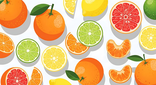 Flat vector illustration of various citrus fruits including oranges lemons limes and grapefruits on white background.