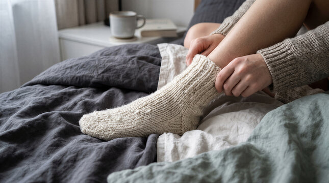 Cozy person putting on thick handknitted wool socks while sitting on a comfortable bed with soft linen bedding