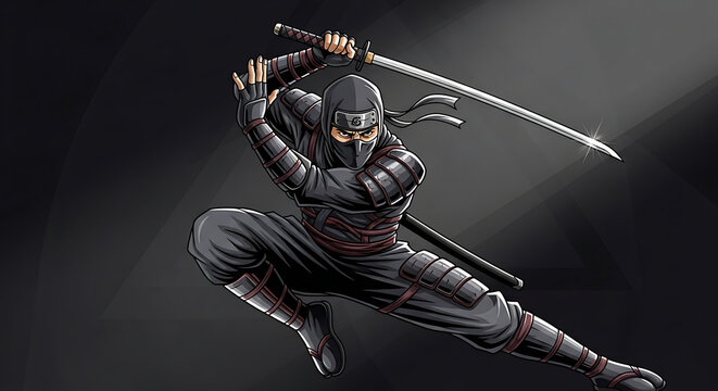 A dynamic illustration of a Japanese ninja warrior holding a sharp katana sword in a combat pose.