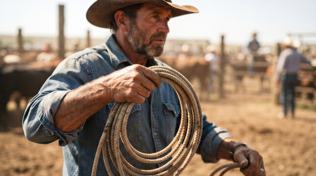 A weathered cowboy holding a coiled lasso rope in a dusty cattle pen on a ranch
