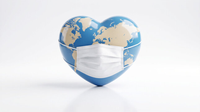 Heart shaped globe wearing a medical face mask isolated on white background