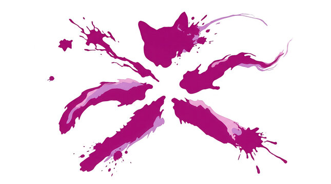Abstrakte Illustration einer Katzen-Silhouette in leuchtendem Magenta, gestaltet mit dynamischen Farbspritzern und k&uuml;nstlerischen Pinselstrichen auf einem sauberen, wei&szlig;en Hintergrund f&uuml;r kreative