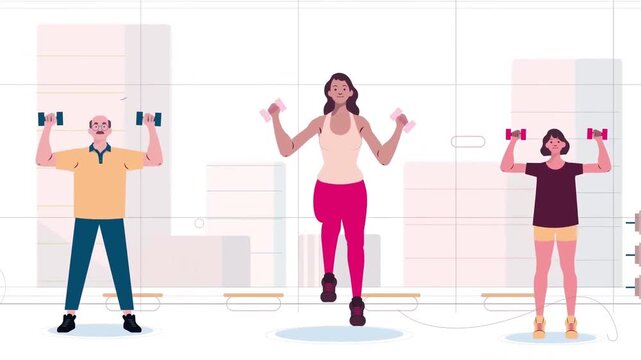Diverse people exercising together in a gym doing overhead lifts and jumping jacks in this animated digital motion graphics footage