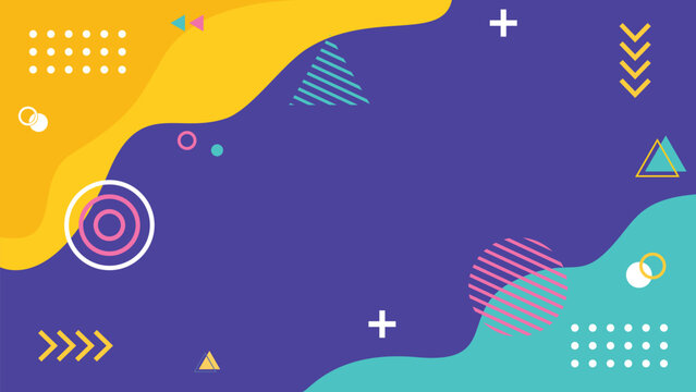 Abstract memphis geometric background vector with colorful fluid shapes, cross, circle, triangle elements, and copy space for web banner presentation.