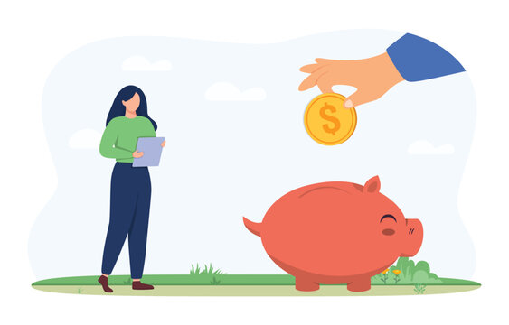Flat financial savings vector illustration with hand dropping coin into piggy bank, personal finance planning, wealth management, and investment concept.