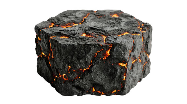 Ein gl&uuml;hender, w&uuml;rfelf&ouml;rmiger Felsblock mit Rissen, aus denen helles, orangefarbenes Magma und Lava hervorbrechen, isoliert auf einem rein wei&szlig;en Hintergrund f&uuml;r kreative Designprojekte.