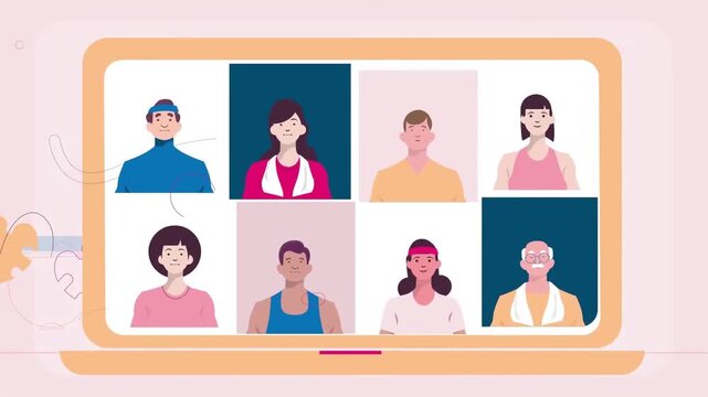 Diverse group of people participating in online virtual video fitness class animation meeting on modern laptop screen digital motion clip