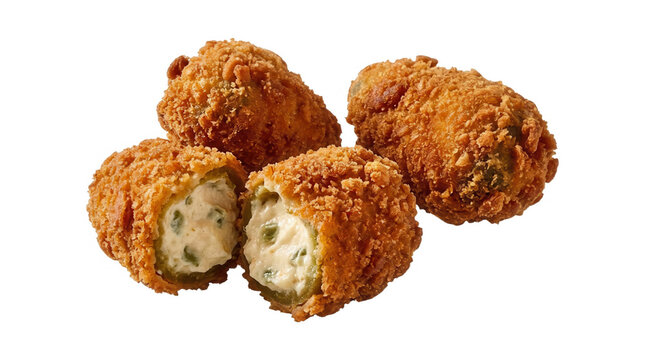 Eine Gruppe von knusprigen Jalape&ntilde;o-Poppers mit einer cremigen K&auml;sef&uuml;llung, wobei einer der frittierten Snacks halbiert ist und das Innere auf einem sauberen, wei&szlig;en Hintergrund deutlich sichtbar