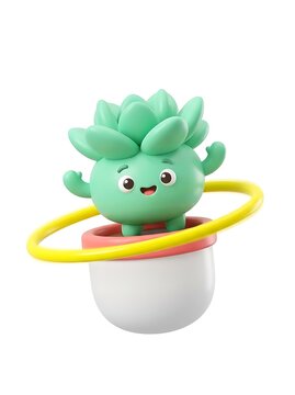 Cute 3d succulent character playing with a yellow hula hoop
