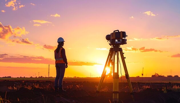 Surveyor in hard hat and vest with total station equipment at sunset