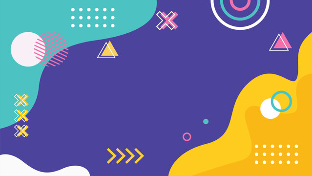 Abstract memphis geometric background vector with colorful fluid shapes, cross, circle, triangle elements, and copy space for web banner presentation.