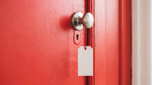 Close up of a bright red painted door with a silver metal doorknob and a blank white hanging tag