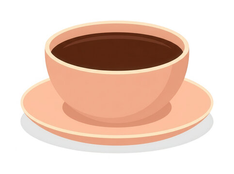 Eine flache, stilisierte Vektorillustration einer beigen Kaffeetasse mit Untertasse, die mit schwarzem Kaffee gef&uuml;llt ist, isoliert auf einem wei&szlig;en Hintergrund f&uuml;r modernes Grafikdesign.