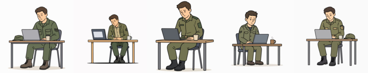 Naklejka premium A set of vector illustrations of soldiers looking bored, listless, and exhausted from work.