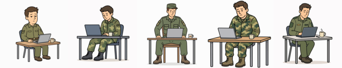 Naklejka premium A set of vector illustrations of soldiers looking bored, listless, and exhausted from work.