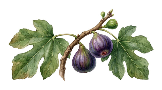 Vintage botanical illustration of common fig branch, ripe purple figs with green leaves, classic watercolor fruit art on white background