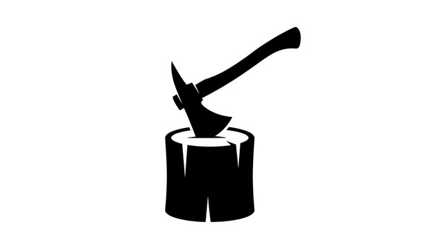 Black axe silhouette stuck in a wooden tree stump