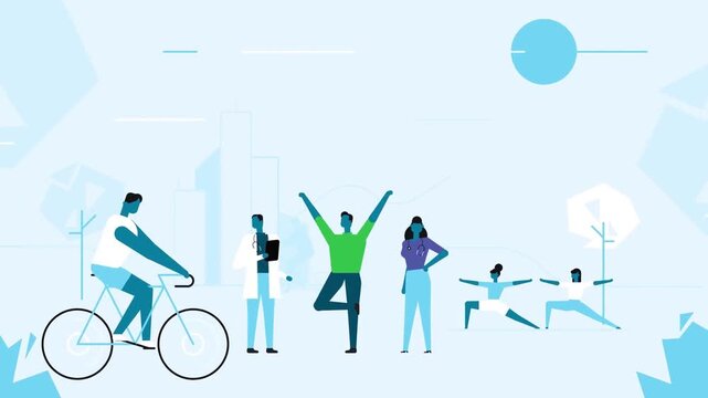 Happy diverse people enjoying healthy lifestyle activities including yoga and cycling in this stylized motion flat design digital video clip