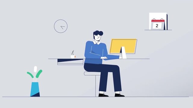 Professional man working at desk with desktop computer in this minimalist vector animation motion footage for modern corporate business branding
