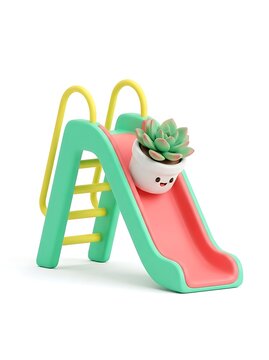 Miniature succulent pot with a face sliding down a playground toy