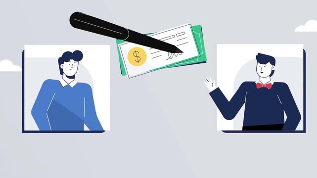 Animated professional business cartoon showing a pen signing a bank check between two men in a flat motion graphic animation