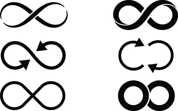 Infinity Symbol Vector Icon Set with Circular Arrows and Interlocking Endless Loops for Creative Corporate Branding Sustainable Energy and Recycling Process Logo Designs