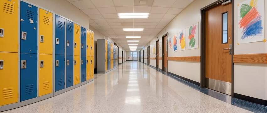 Bright School Hallway Corridor with Yellow Blue Lockers and Student Artworks and Polished Floor