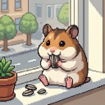 Hamster Sitting on Windowsill with Potted Plant, Pixel Art Illustration
