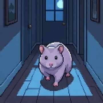 Purple Hamster Standing in Dark Doorway, Pixel Art Illustration