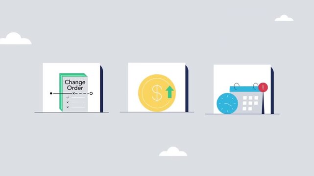 Business change order management concept with financial growth and deadline warning icons in this clean flat design motion graphic animation