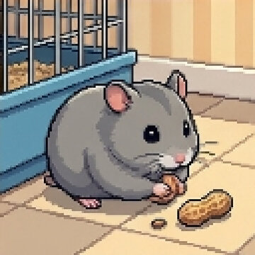 Gray Hamster Eating Peanut, Pixel Art