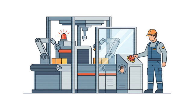 Factory worker operating automated industrial machine with safety guards and emergency stop