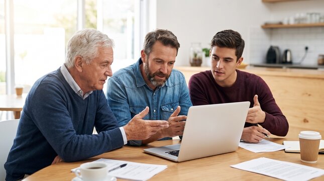 Three men of different generations sitting at a table and reviewing documents on a laptop with reviewing digital information collaborate while reviewing varying ages collaborate diverse team