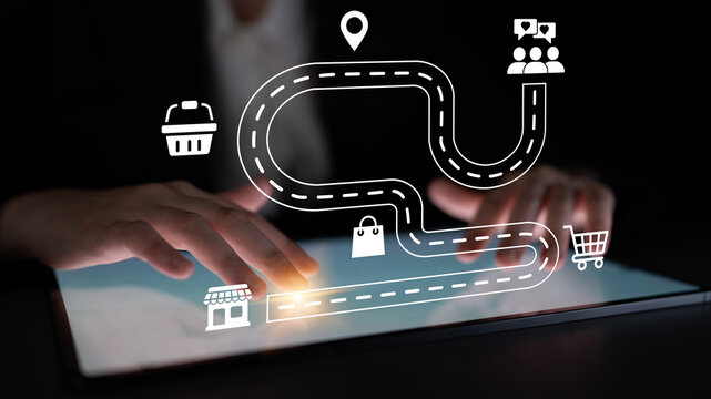 A creative illustration of hands interacting with a tablet, featuring graphics of navigation, shopping, and security icons, representing a modern digital journey. Ledger