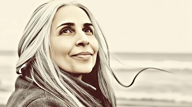 Woman gazing at ocean with windblown hair - a serene and contemplative moment captured in soft vintage tones evoking freedom and peaceful reflection by the sea