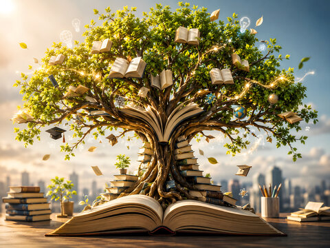 Education Concept with Books Transforming into a Glowing Knowledge Tree
