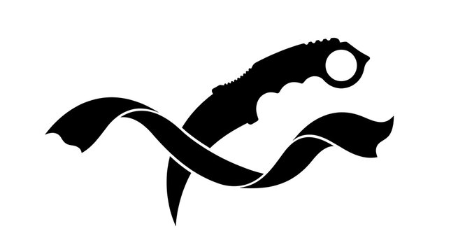 Black karambit knife silhouette with a swirling ribbon graphic