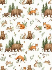Fototapeta premium Watercolor Woodland Animals Seamless Pattern with Bears Foxes Rabbits and Pine Trees for Kids Fabric and Nursery Decor