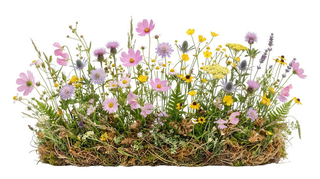 Arranjo floral de flores silvestres coloridas e ervas verdes frescas, isolado sobre um fundo branco, apresentando uma variedade de p&eacute;talas delicadas, folhagem exuberante e texturas naturais de jardim.