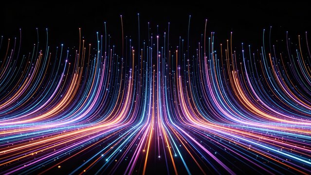 Abstract colorful glowing data streams and fiber optic light trails, idea for high speed digital network, information flow, connectivity and futuristic technology background